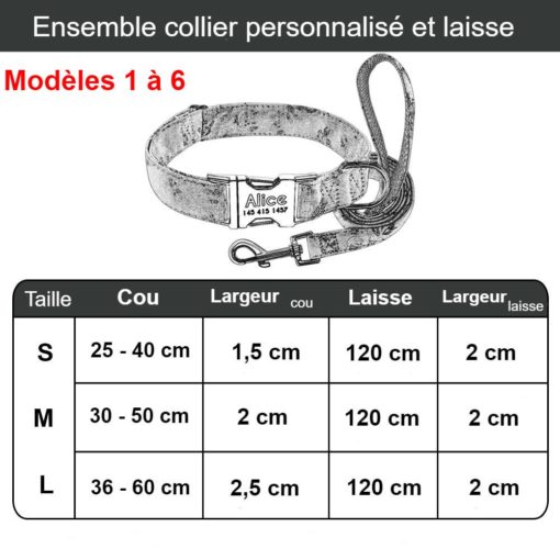 Ensemble collier personnalisé (plaque gravée) et laisse assortie – Dimensions modèles 1 à 6